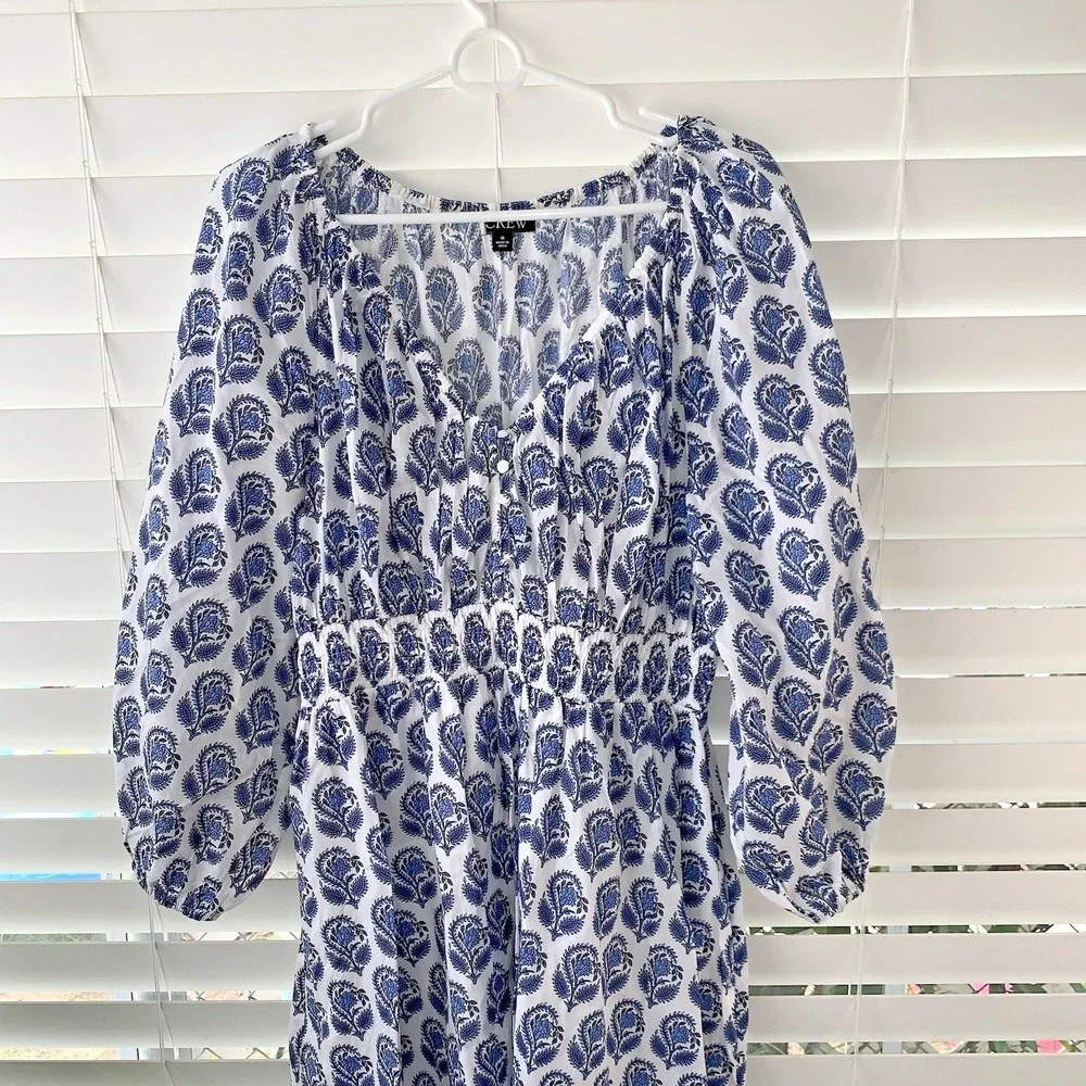 J Crew V Neck Mini Dress Medium Bouquet Block Print Blue White Lined - Picture 2 of 8